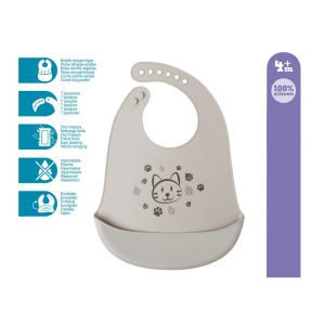 Babero Silicona Gatito Gris Alimentacion y Lactancia - La Cesta Mágica
