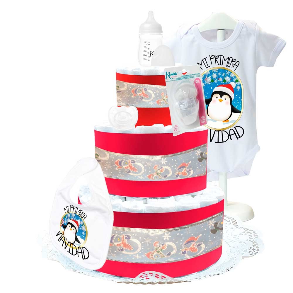 Tarta de Pañales Mi Primera Navidad Pinguino II Tartas de Pañales - La Cesta Mágica